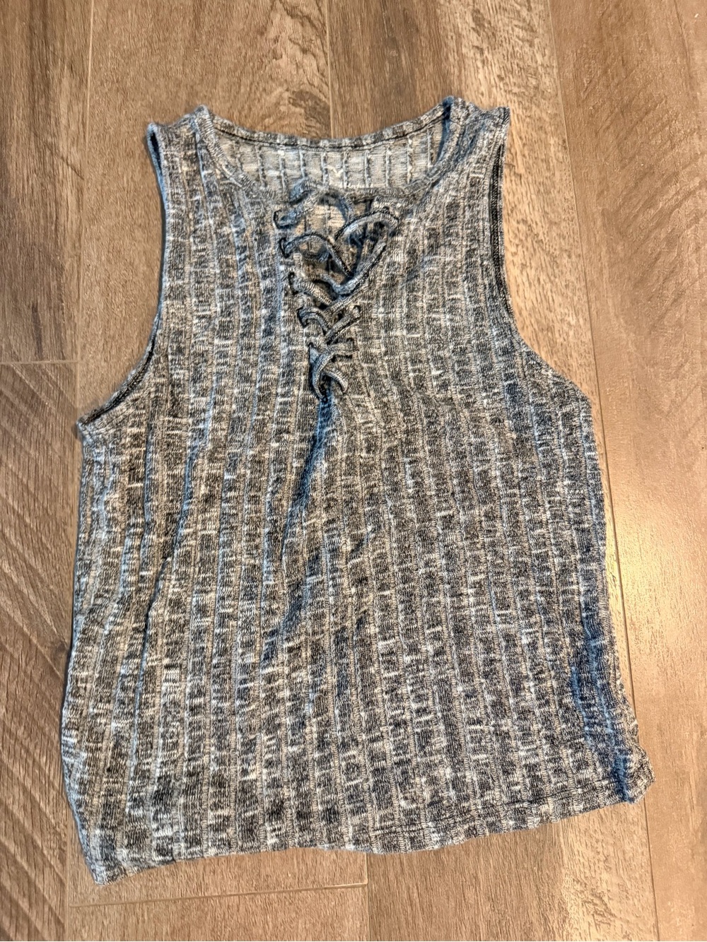 American Eagle Outfitters Black and White/Grey Ribbed Lace-Up Tank